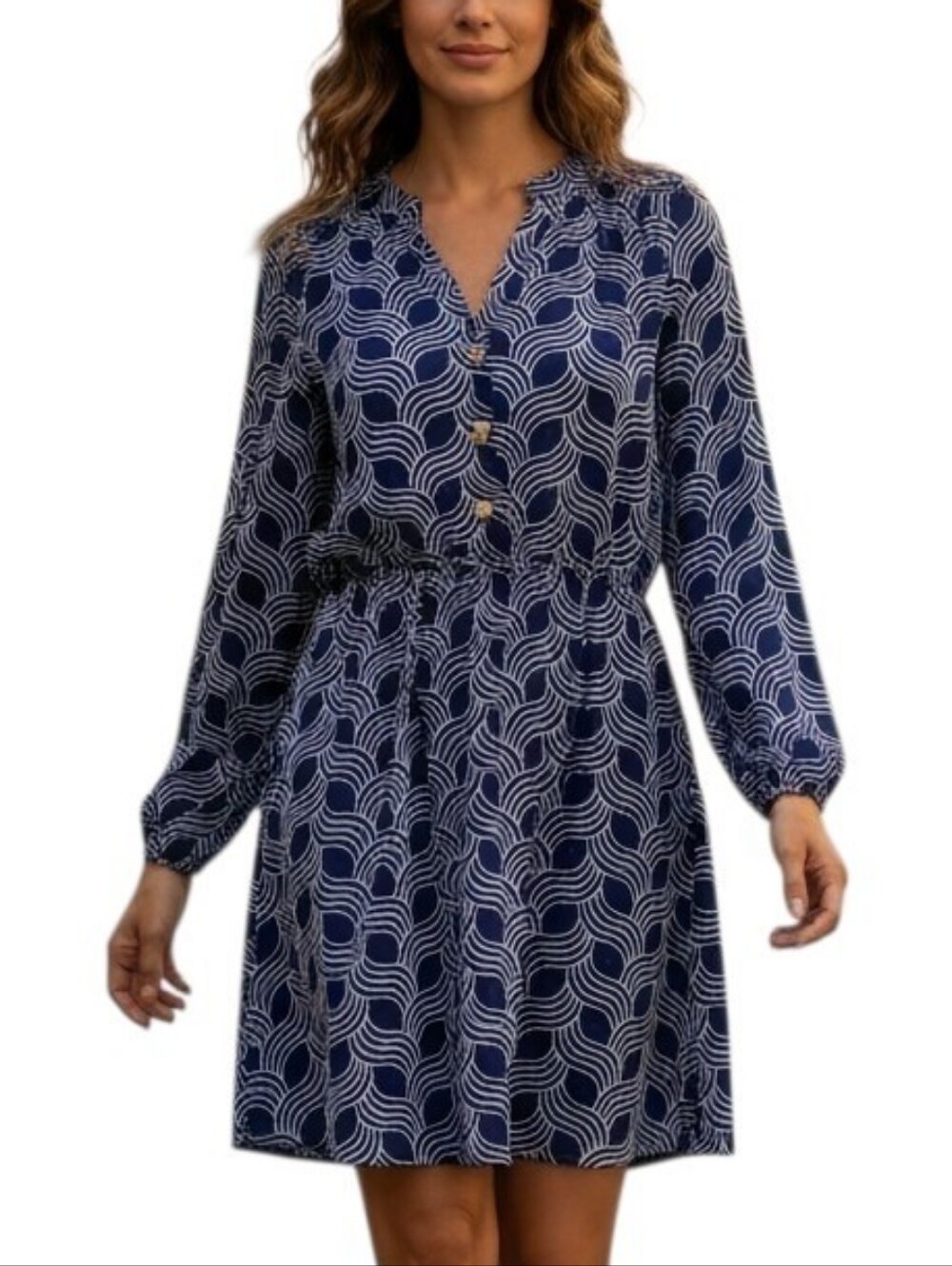 Escapada Navy White Wave Print Long Sleeve Mini Dress V-Neck Resort Size Sz M